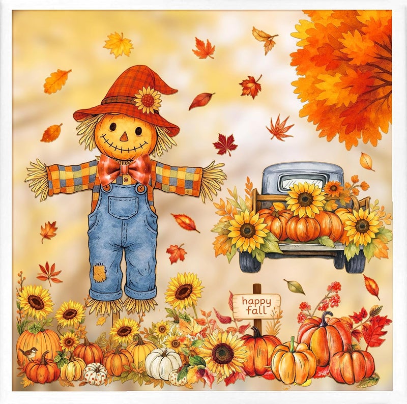 JMHACHY Fall Window Clings - 9 Sheets 116 Pcs Fall Decorations for Autumn Thanksgiving Harvest Home Party, Pumpkin Leaves Truck Maple Sunflowers Stickers for Glass, Double-Sided Static Window Decals - Image 1